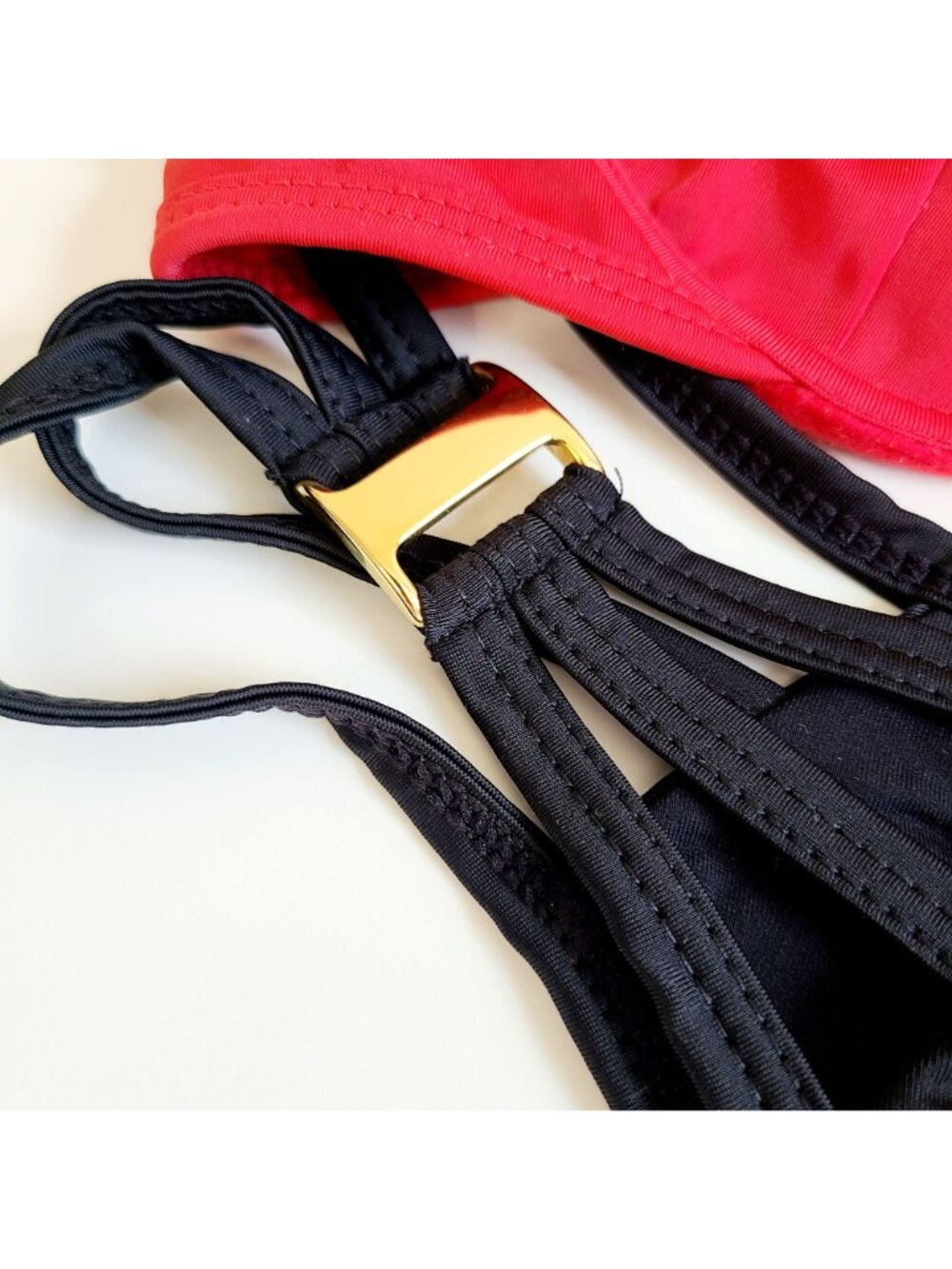 Bikini Set Siren Red & Black Gold Accents Underwire Top Strappy Bottoms - Picture 3 of 15